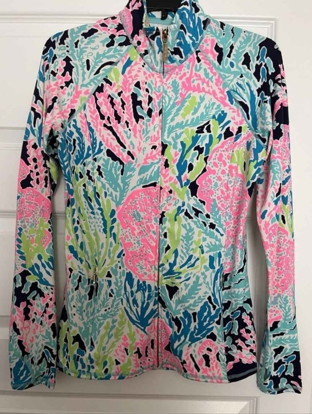 Lilly Pulitzer Luxletic Pink Aqua & Lime Abstract Print Jacket Small